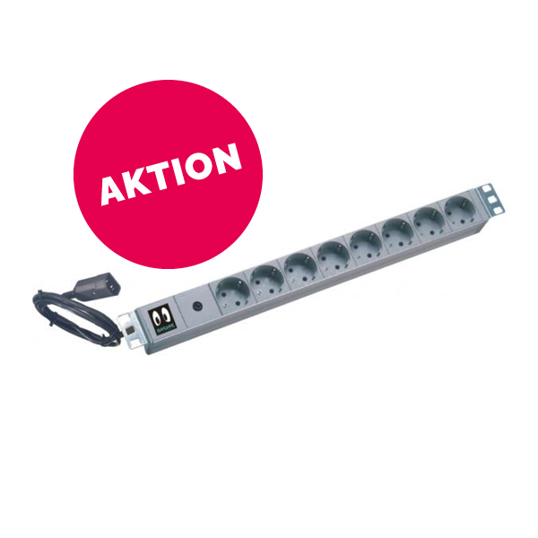 19" USV-Kaltgeräteadapter, Kaltgeräte-Stecker (10A) - 8x Schutzkontakt-Buchse